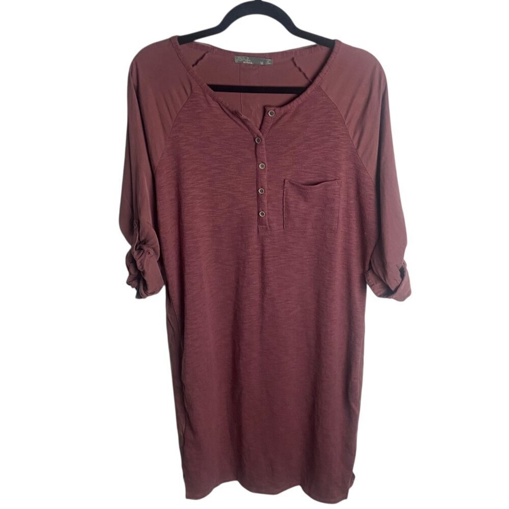 Prana Women's Size M Henely Shirt Dress Pink Organic Cotton Roll Tab Sleeves